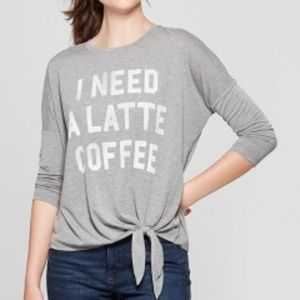 I Need a Latte Coffee Tie Front Graphic Top (S)